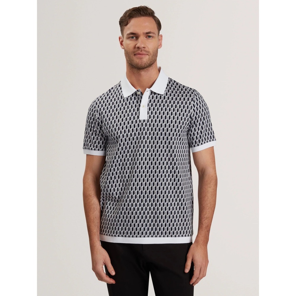 Ted Baker Hamishs Geo Jacquard Polo Shirt Mens 5 XL Blue White S279356 NWT